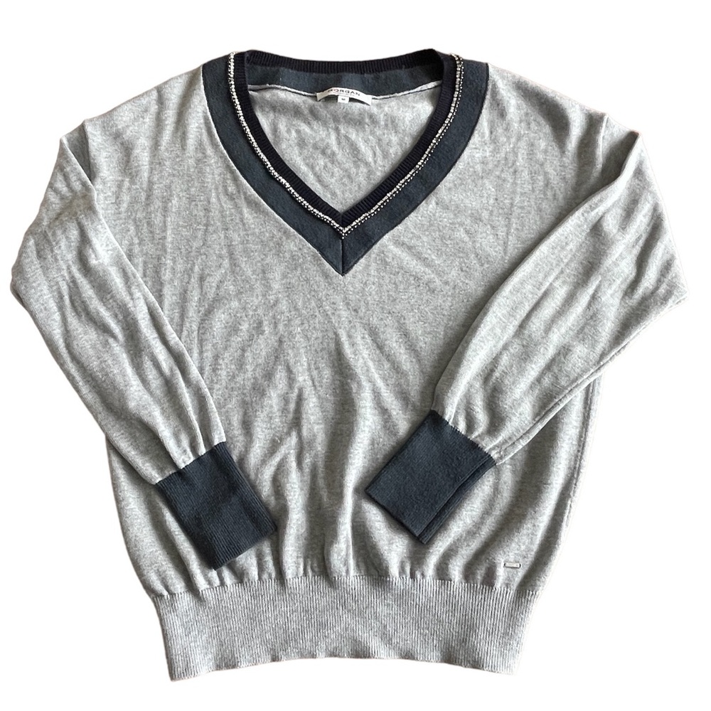 Morgan De Toi Heathered Gray Navy Trim V-Neck Sweater With Rhinestone Trim Sz M